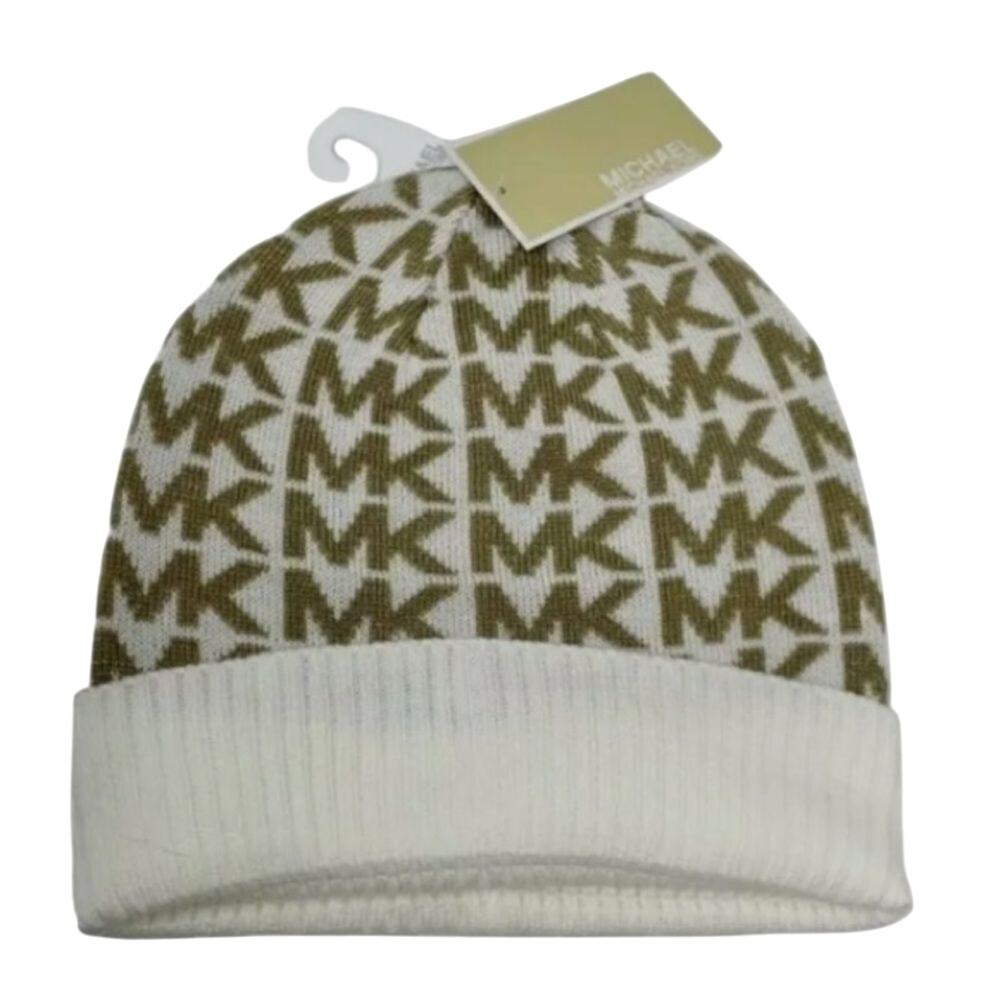 MICHAEL KORS Monogram Beanie Hat and Gloves in Cream and Tan, New with Tag - Picture 6 of 8